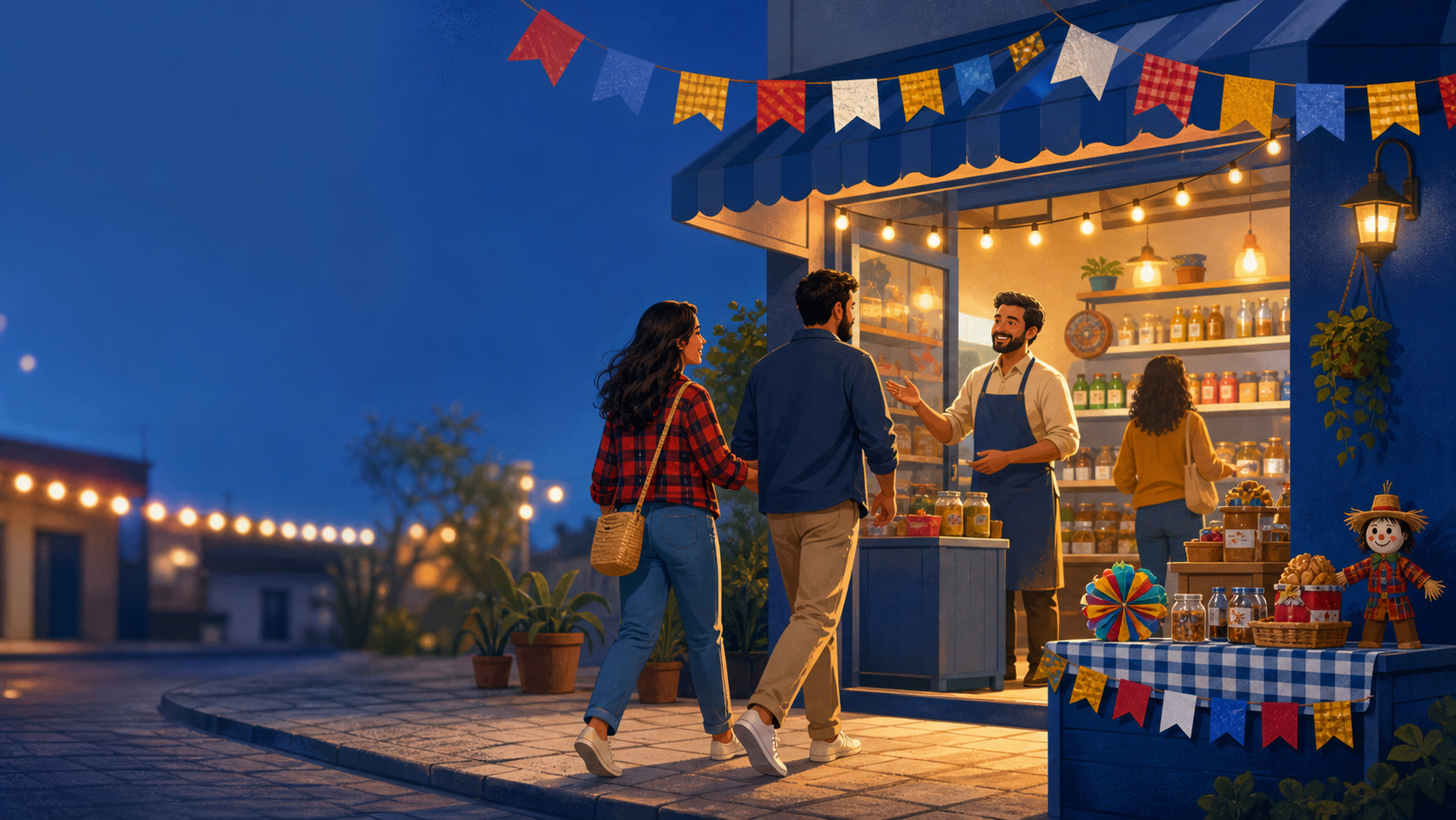 Loja de bairro decorada para uma campanha de Festa Junina, com bandeirinhas, luzes e clientes entrando