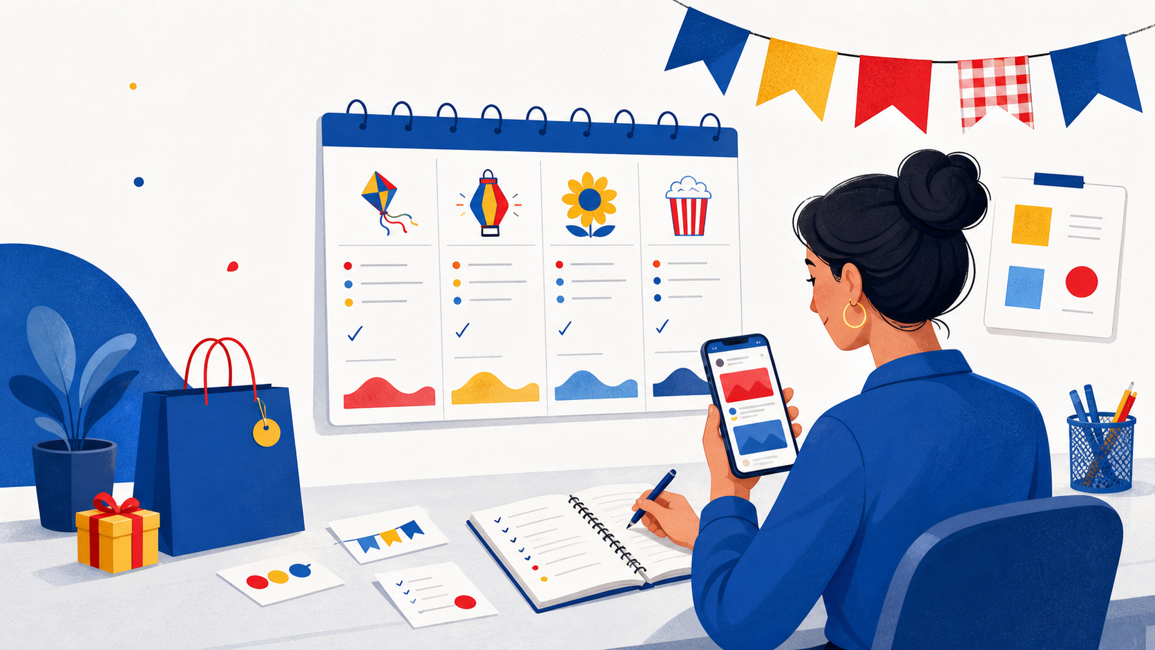 Lojista organizando o calendário de uma campanha de Festa Junina com ações distribuídas ao longo do mês
